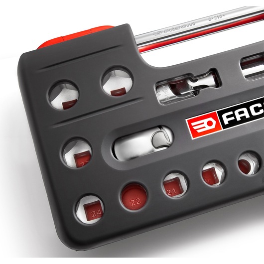 Facom socket set SL.DBOX112PB in black and red case, partial top view showing labeled sockets and Facom logo.