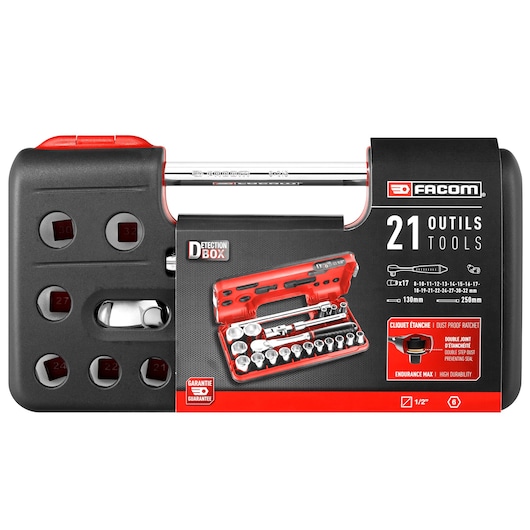 Facom SL.DBOX1PB socket and ratchet set, 21 pieces in black and red detection box, front view on white background.