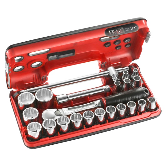 Facom SL_DBOX412 socket wrench set with ratchet handle and sockets, organized in open red plastic case, angled view.