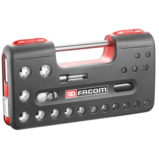 Facom SL_DBOX412 compact black and red socket holder front angle on white background.