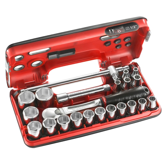 Facom socket and ratchet set SL_DBOX4 in red and black hard case, open to show multiple sockets and accessories.
