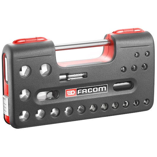 Facom SL_DBOX4 compact black and red socket set case, front angle, with multiple socket slots.
