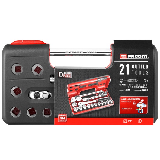 Facom SL.DBOX500PB socket set, 21 tools, black and red hard case, front angle on white background.