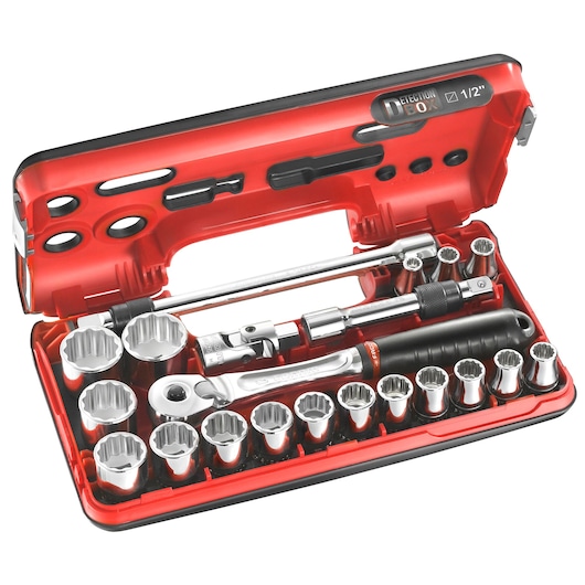 Facom SL_DBOX501 socket wrench set in red case, with ratchet, extensions, and multiple socket sizes, top view.