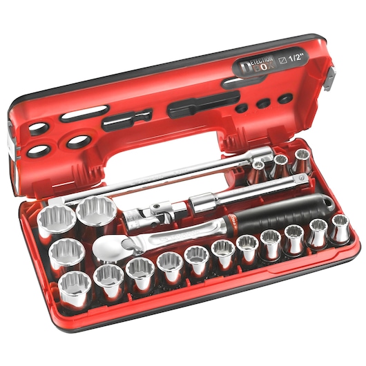 1/2" socket set, 21 pieces, DBOX, pear-head ratchet