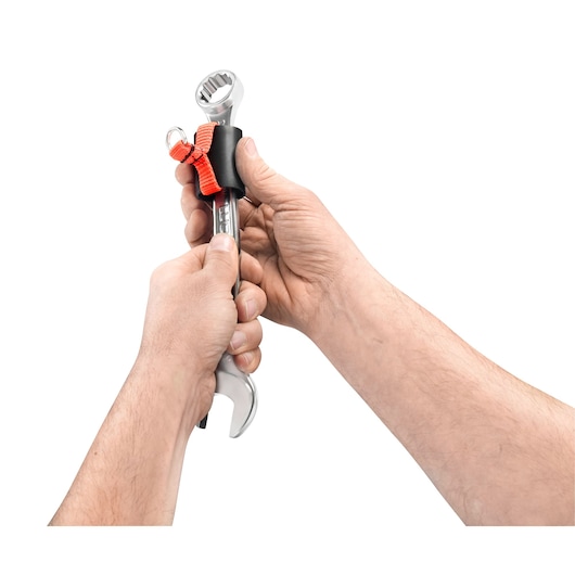 Facom safety lanyard attachment SLS_G19 on wrench with red strap held in hands, white background.