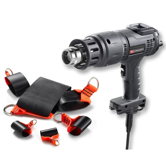 Facom SLS_GKIT1-GUN heat gun with black and orange safety straps, product front angle.