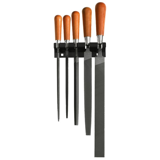 Facom STG file set with wooden handles, five pieces on wall rack, front angle, white background.