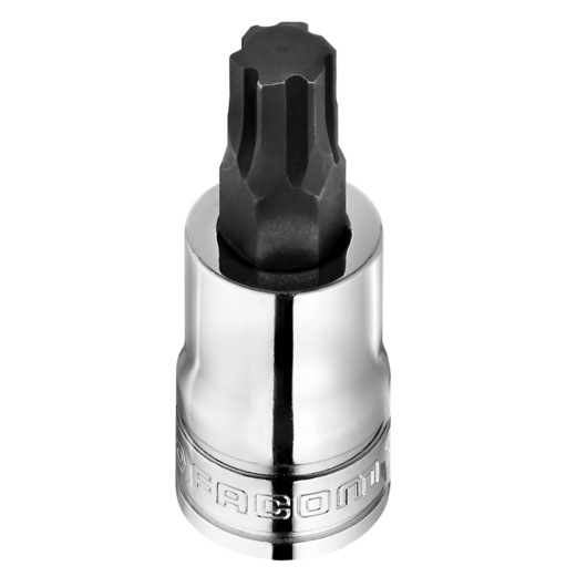 Facom STM_10GRP chrome and black socket bit, vertical angle, white background.