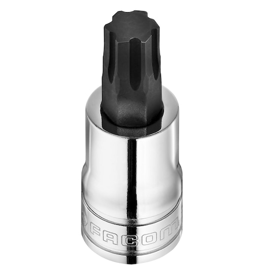 Facom STM_11GRP chrome and black spline socket bit, product photo on white background.