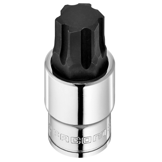 Photo of Facom STM_17GRP socket bit with chrome finish and black multi-point head, front angle on white background.