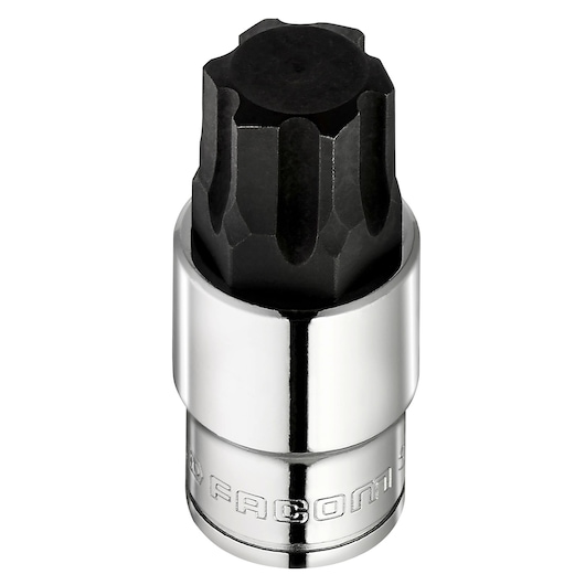 Photo of Facom socket bit STM_19GRP, chrome and black finish, front angle on white background.