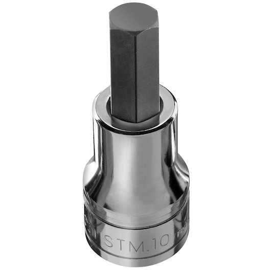A close-up image of a Facom hex socket with a hexagonal bit, featuring a polished metal finish. The engraved text 'STM.10' is visible on the side.
