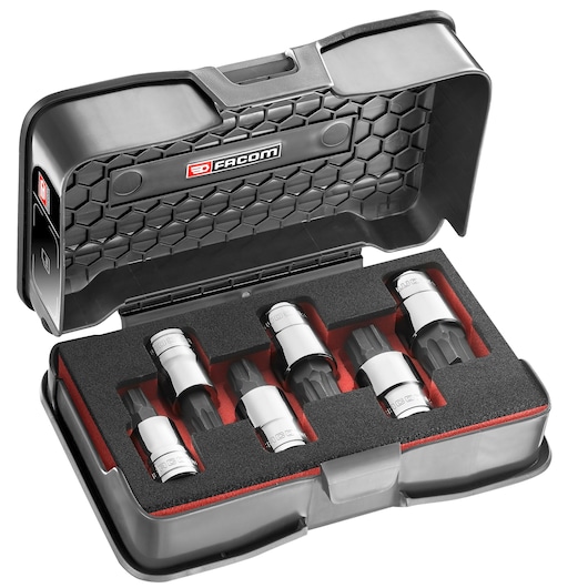Facom STM_J6MGRPPB socket bit set in black case, foam insert, six chrome bits, front angle.