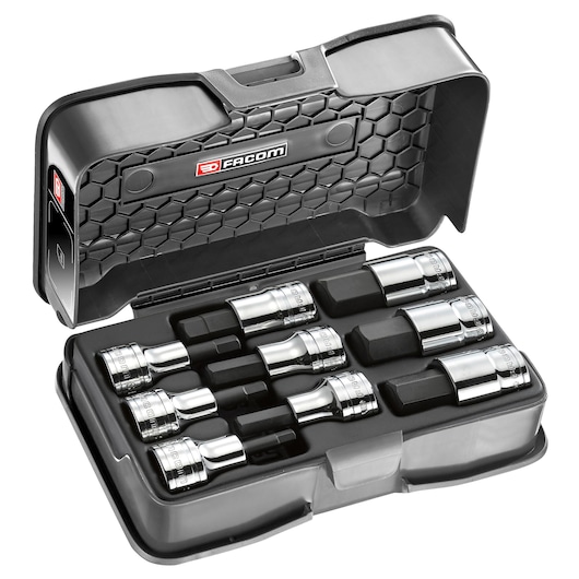 Facom STM.J9APB socket set with nine chrome sockets arranged in a black hard case, case open, white background.