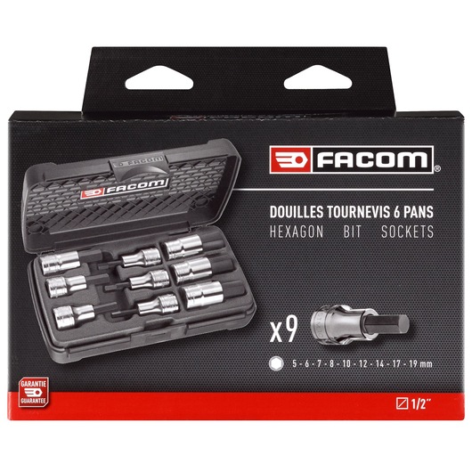 Facom STM.J9APB hexagon bit sockets set, 9 pieces in black case, front view on white background.