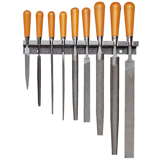 Facom STU set of metal files with wooden handles on rack, front angle, product photography.