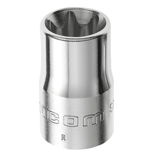 Facom STX_12 chrome socket tool, front angle view, engraved branding, photography on white background.