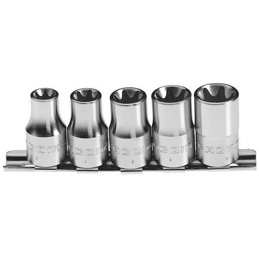Facom STX_40 chrome socket set on rail, front angle, five sockets, photography category.