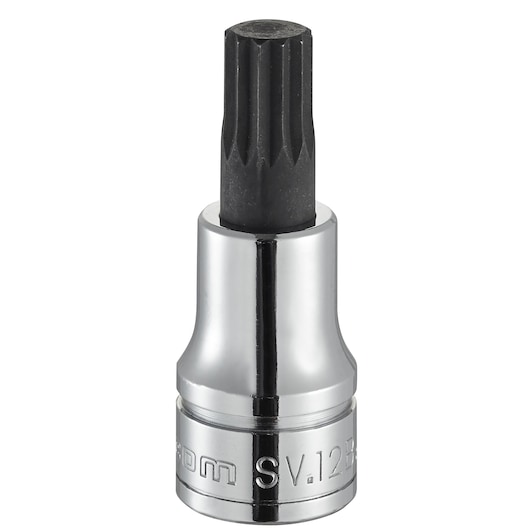 Facom SV_18B chrome and black spline bit socket, front view, tool photography.