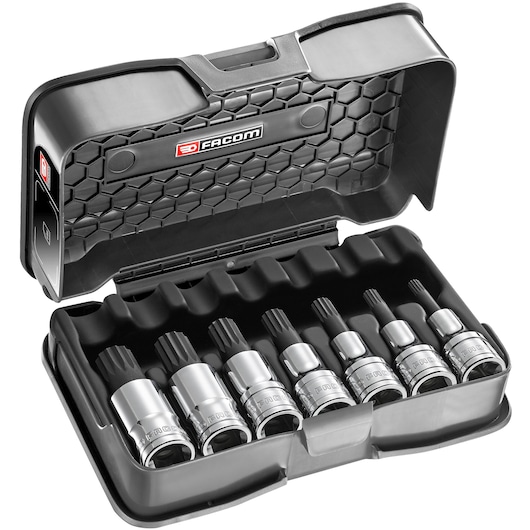 Facom SV.J7APB spline bit socket set of 7 in black hard case, front angle on white background.