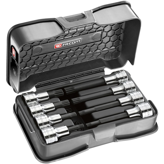 Facom SV_J8B black hard case with eight chrome and black socket bits, photography, front angle.
