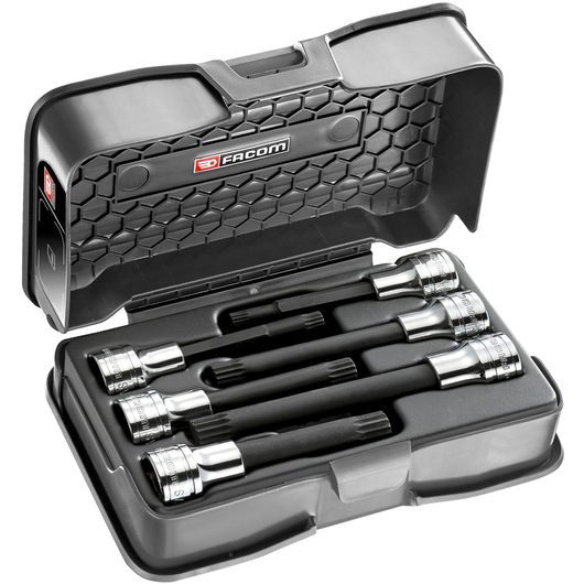 Facom SV_LJ6B socket extension set in black hexagonal-pattern case, top angle.