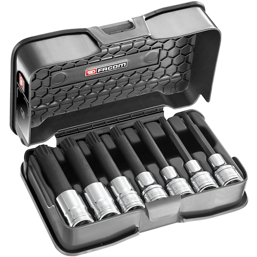 Facom SVL.J7APB set of seven long spline bit sockets in black hard case, photo from above on white background.