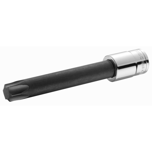 Facom SX_70LA long black Torx socket bit with chrome base on white background, side view.