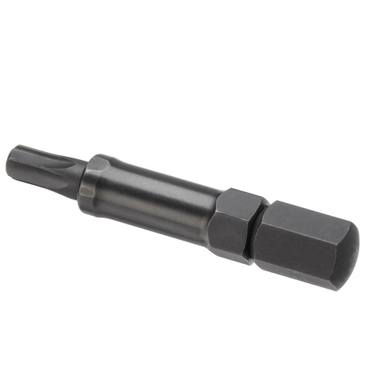Facom SXE_5GRPFOR screwdriver bit, black metal, hex shank, shown on white background, side angle.