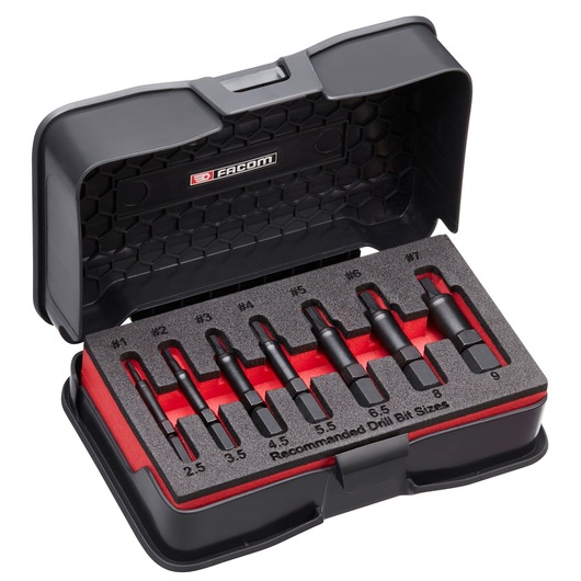 Facom SXE_J7MGRPPB extractor set with seven black metal pieces in a black and red hard case, photography angled view.