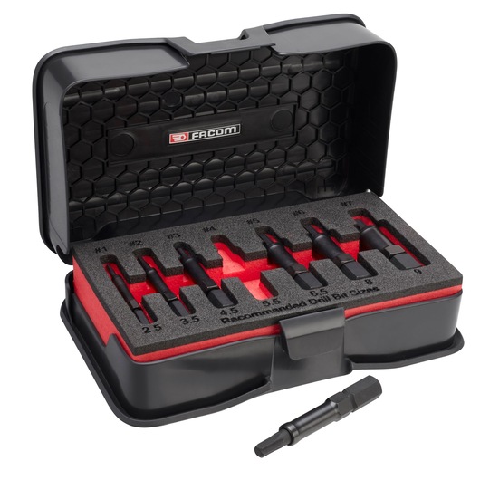 Facom extraction bit set SXE_J7MGRPPB in open black case, foam insert holds seven bits, one bit placed outside, angled view.