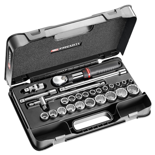 Facom SXL_161-4P12 socket and ratchet set in open black case, photographed from above, showing all pieces.