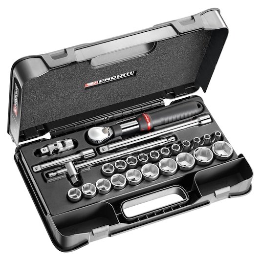 Facom SXL_161-4P6 socket wrench set with ratchet, extensions, and sockets in black hard case, top view.