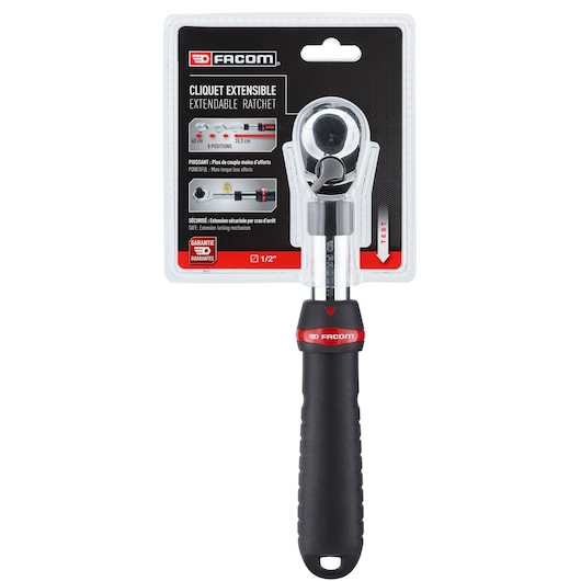 Facom SXL.161PB extendable ratchet with black and red handle in retail packaging, front angle.