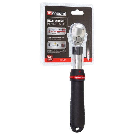Photo of Facom SXL.161PB extendable ratchet in packaging, black and red handle, photographed from the front on white background.
