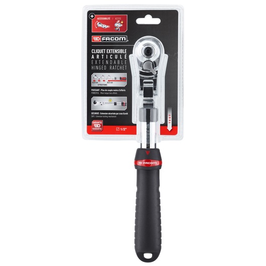 Photo of Facom SXL.171PB extendable hinged ratchet in retail packaging, black and red handle, front angle.