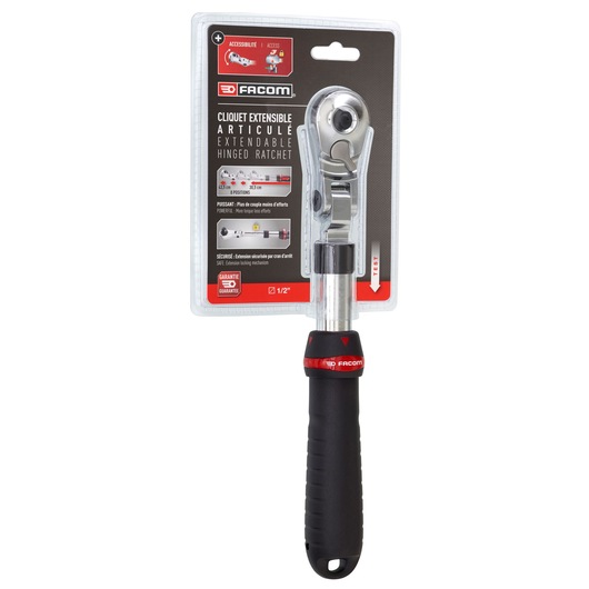 Photo of Facom extendable hinged ratchet SXL.171PB in packaging, black grip, front angle.