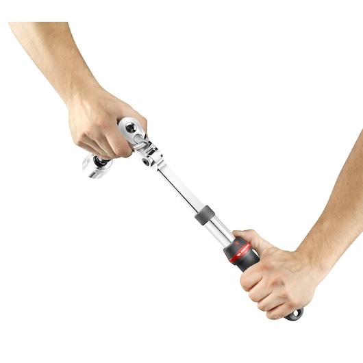 Facom SXL_171 ratchet wrench with adjustable handle in use, close-up on white background.