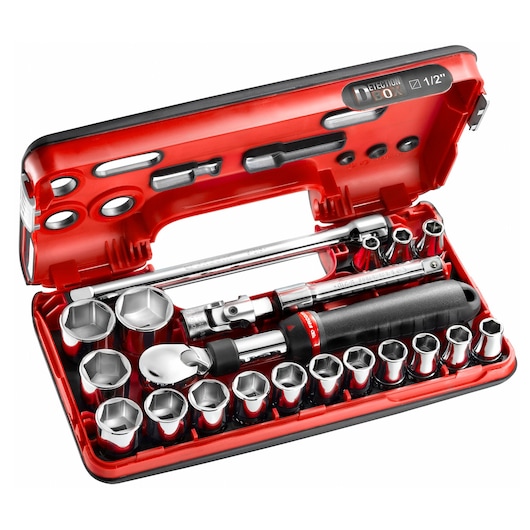 Facom SXL.DBOX1PB ratchet socket set in red and black hard case, open view showing multiple sockets and accessories.