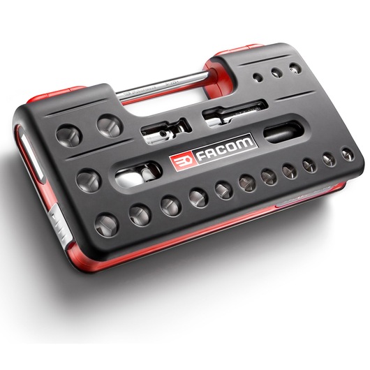 Facom SXL.DBOX1PB compact socket and bit set case, black and red, photography, top angle.
