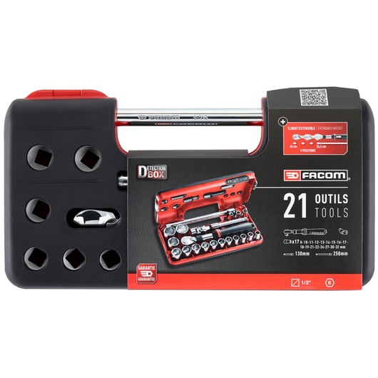 Facom SXL.DBOX1PB socket set in black and red case, showing 21-piece tool kit, photographed from the front on white background.