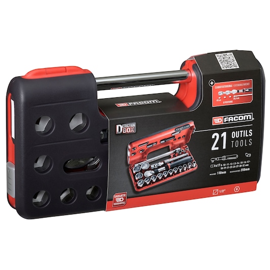 Facom SXL.DBOX1PB 21-piece socket and ratchet set, black and red carry case, front angle on white background.