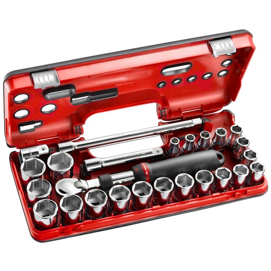 Facom SXL_DBOX2 socket and ratchet set in red hard case, shown from top angle, assorted sizes visible.