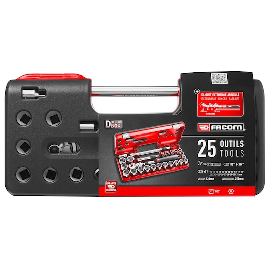 Facom SXL_DBOX3PB socket set with 25 tools in a black and red hard plastic case, front angle on white background.