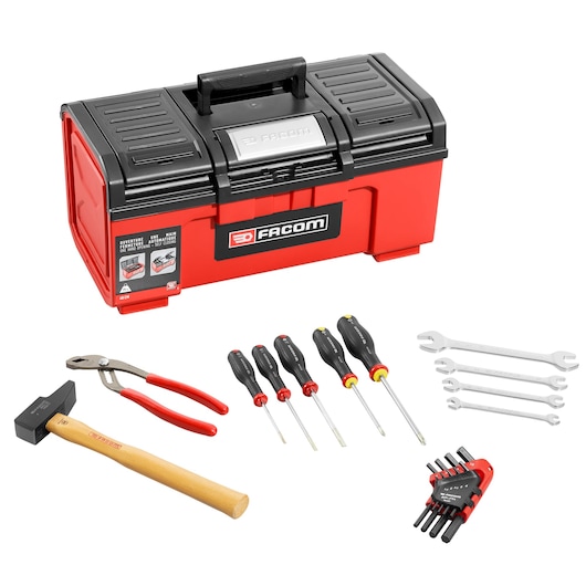 Facom TBX1M_PB red and black toolbox set with assorted hand tools, photographed from front angle.
