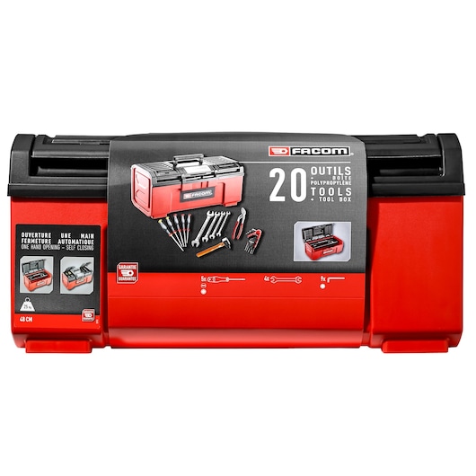 Photo of Facom TBX1M_PB red and black polypropylene toolbox with 20 tools, front angle on white background.