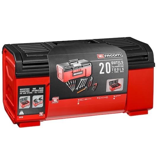 Photo of Facom red and black tool box TBX1M_PB with 20 tools, automatic self-closing lid, front angle on white background.