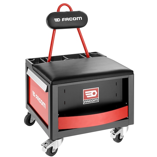 Photo of Facom TCS-P1 mobile workshop seat with storage compartments and padded backrest, front angle.