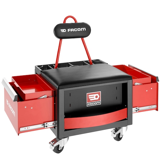 Facom TCS-P1 rolling workshop seat with backrest, red and black, two side drawers open, white background.